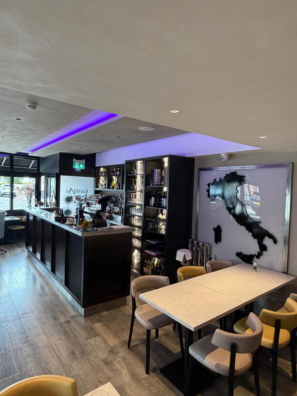 The bar in evening purple light